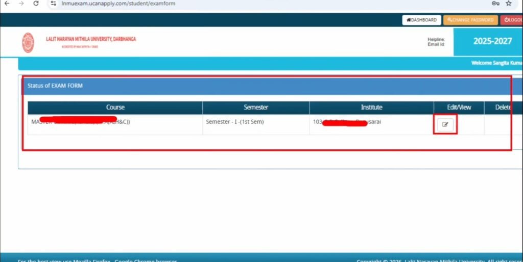 LNMU PG Semester 1 Exam Form Online 2025-27