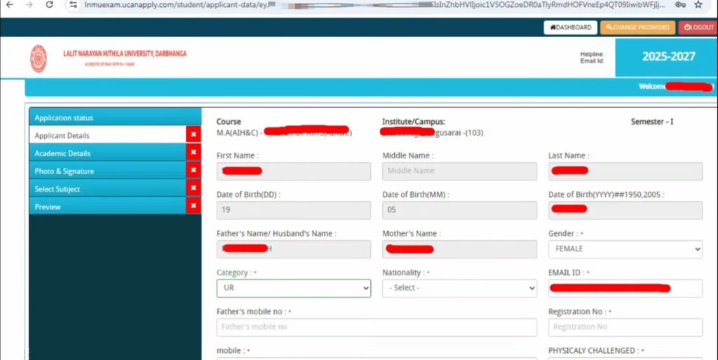 LNMU PG Semester 1 Exam Form Online 2025-27