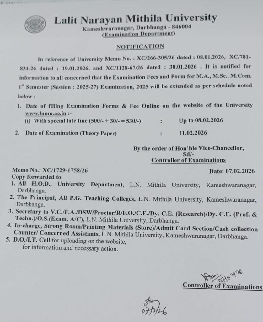 LNMU PG 1st Semester Exam 2025